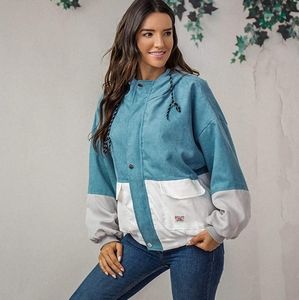 Jackets for Women Long Sleeve Corduroy Patchwork Oversize Windbreaker Coat